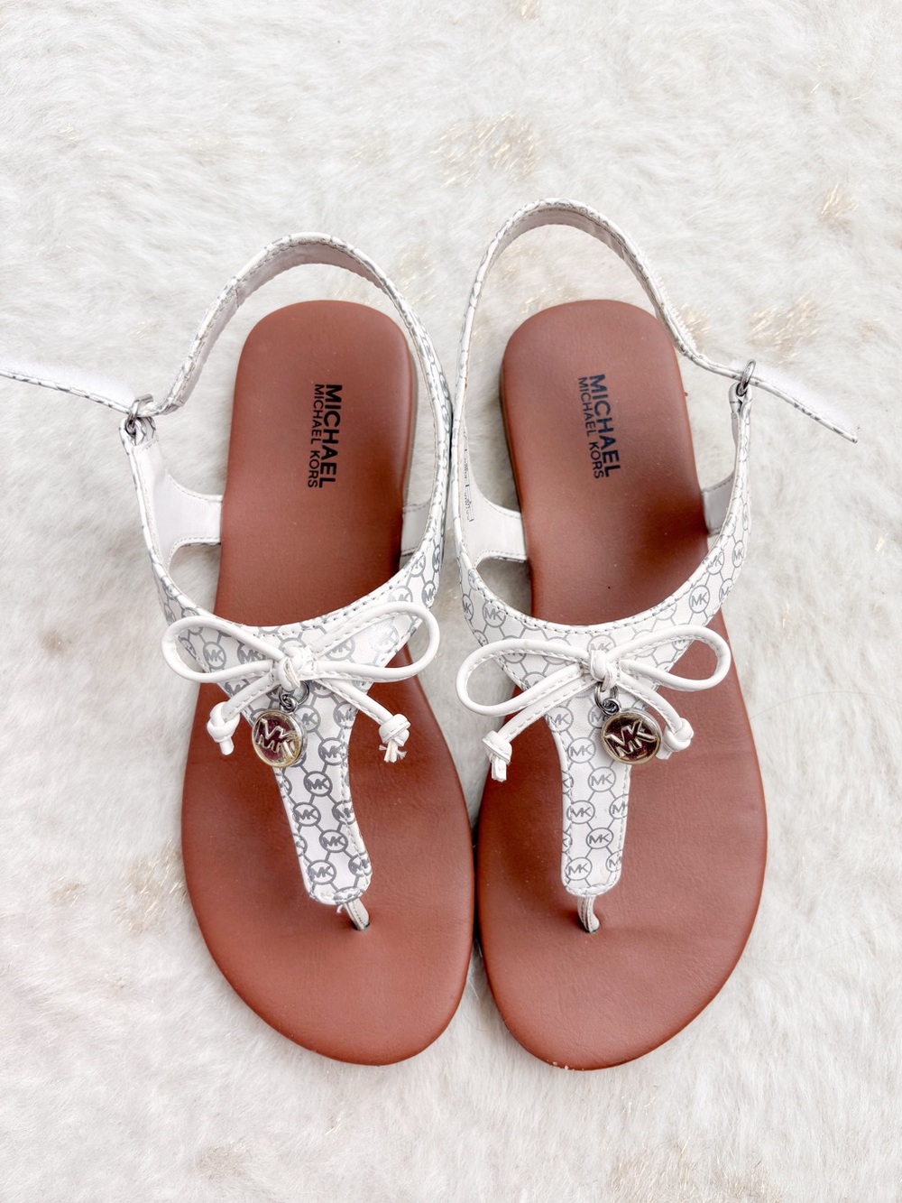 Michael Kors White Logo Thong Sandals with Brown Footbed